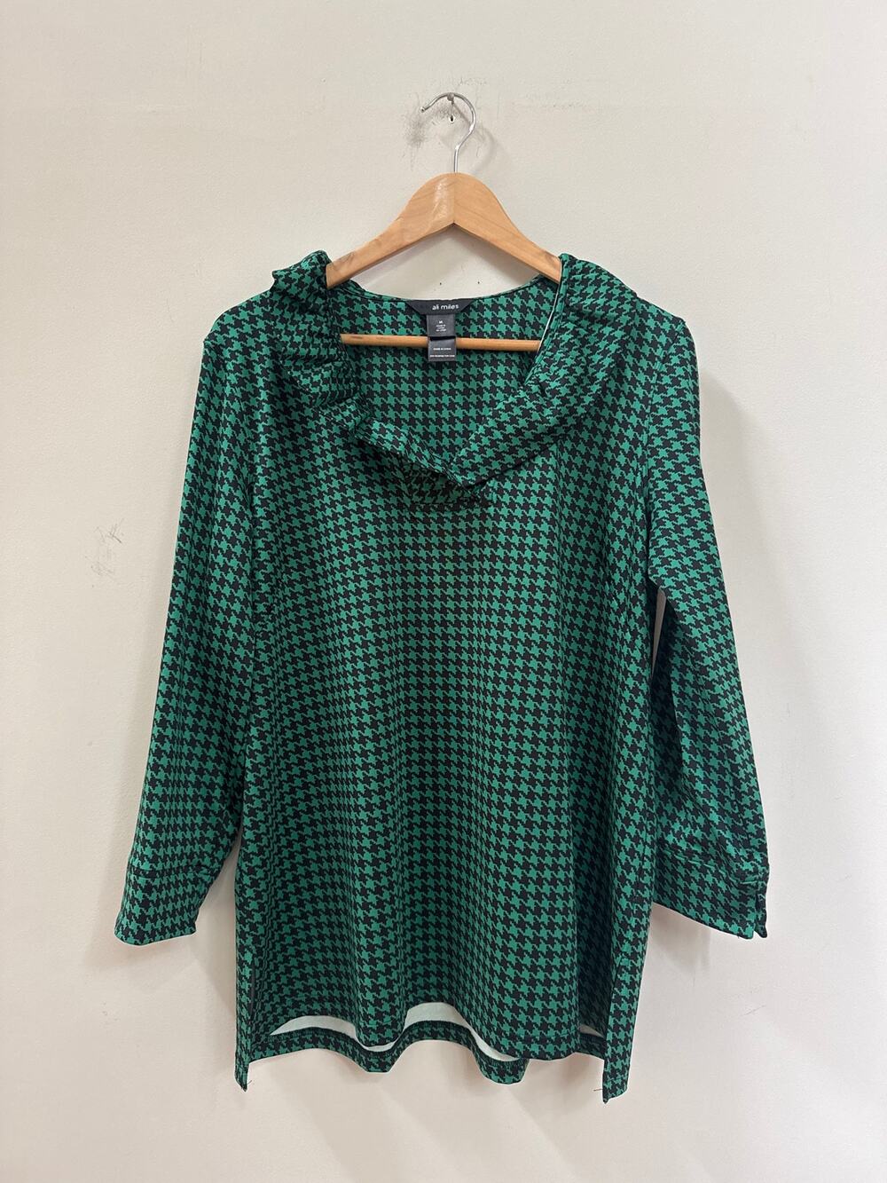 Ali Miles Top Green Black Houndstooth Ruffle Collar 3/4 Sleeve Tunic Med